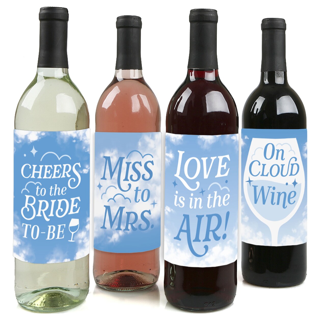 Big Dot of Happiness On Cloud 9 - Bridal or Bachelorette Party Decorations for Women and Men - Wine Bottle Label Stickers - Set of 4